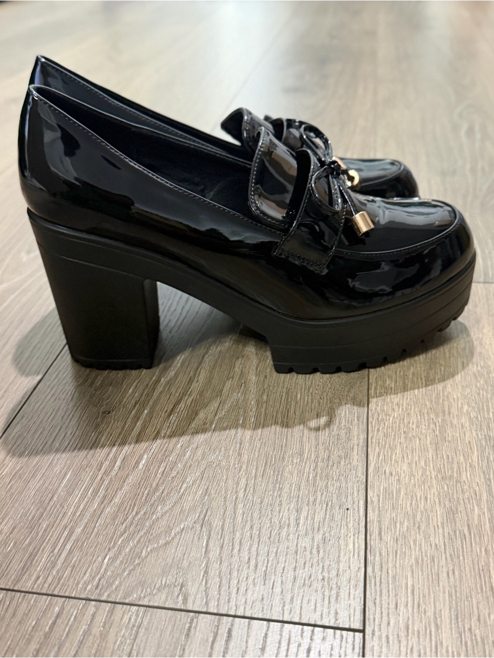 Platform Chunky Heel Loafer - Black Patent - Picture 4 of 7